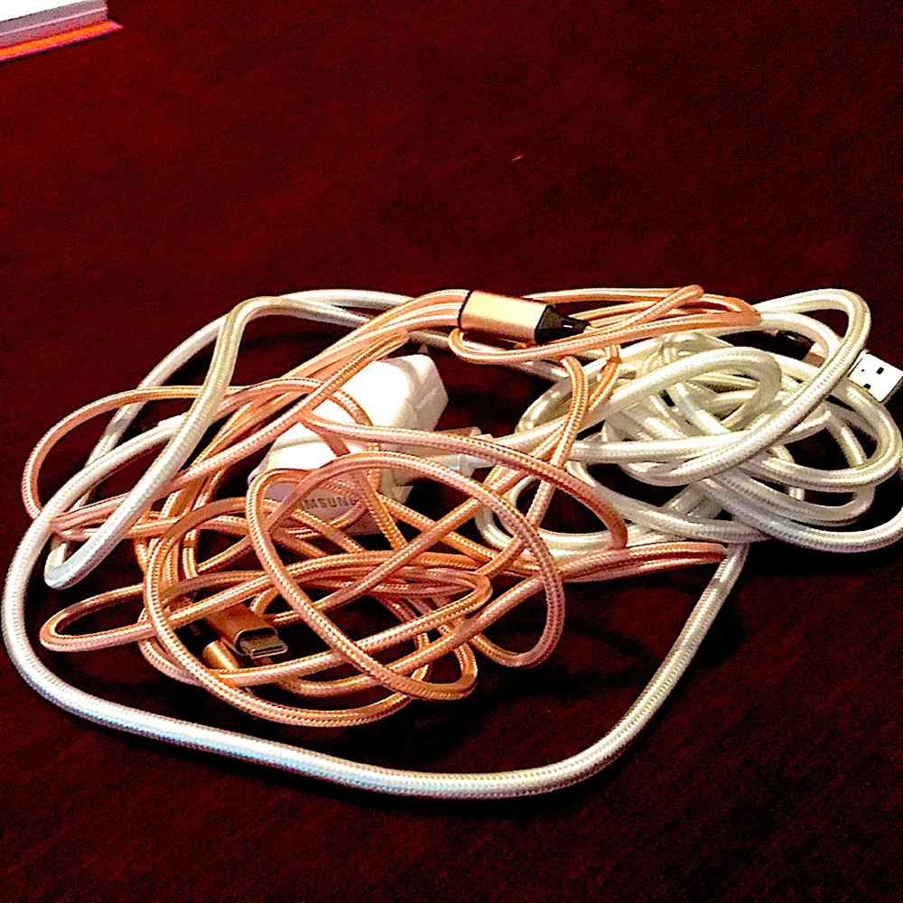 Pink and white has LG and iPhone 2 chargers!!!!!!!